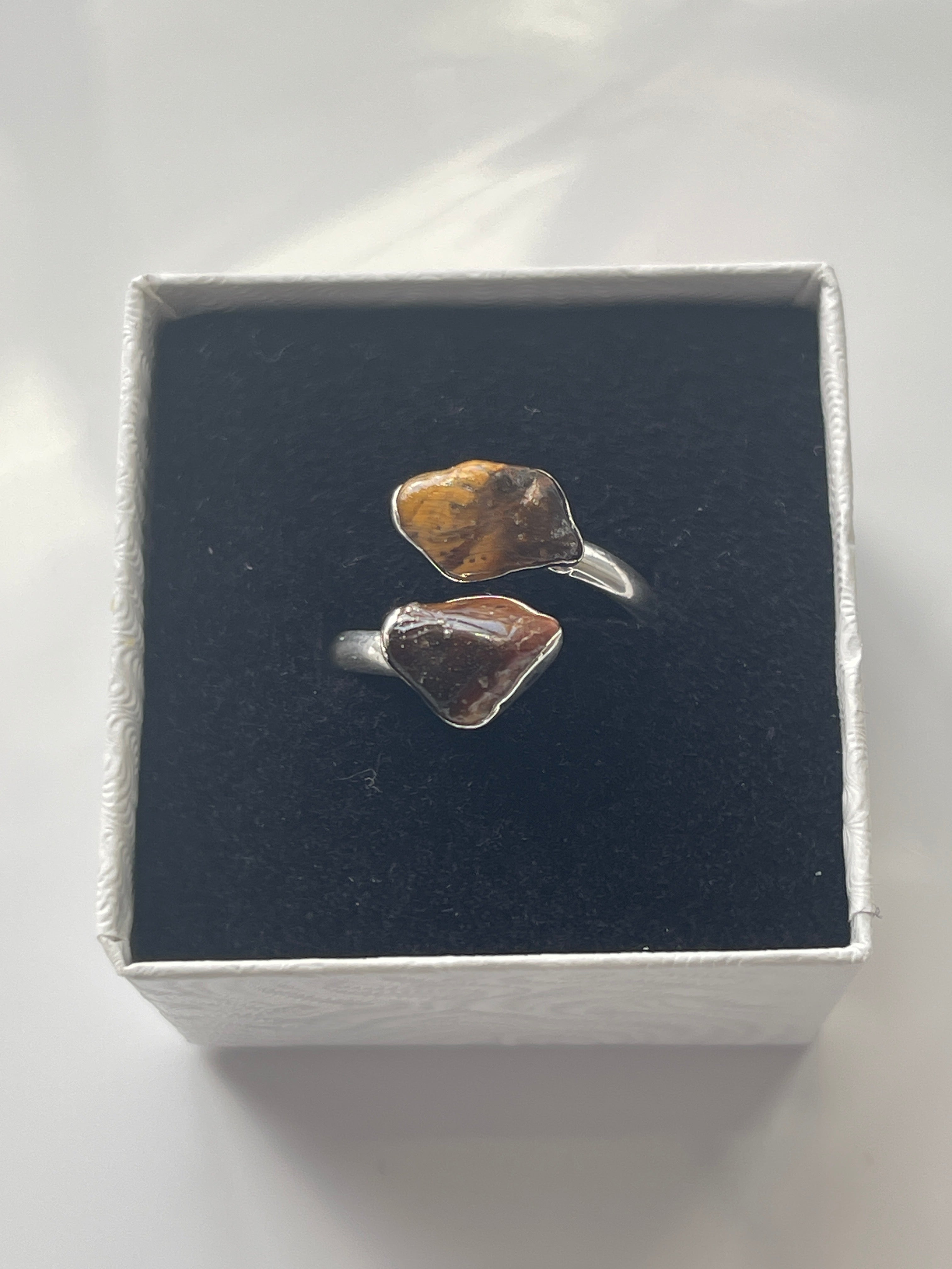 Tigers Eye Adjustable Ring Silver Plated inside small white jewelry box in Florida 