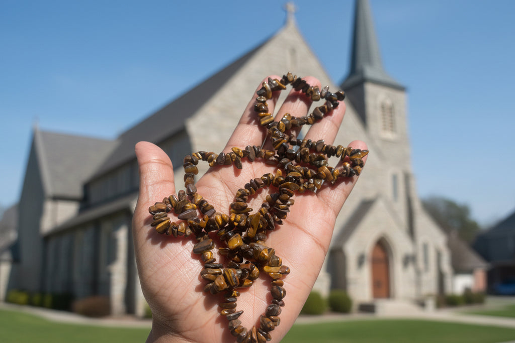 Hand holding a string of tiger eye beads with a blurred outdoor background