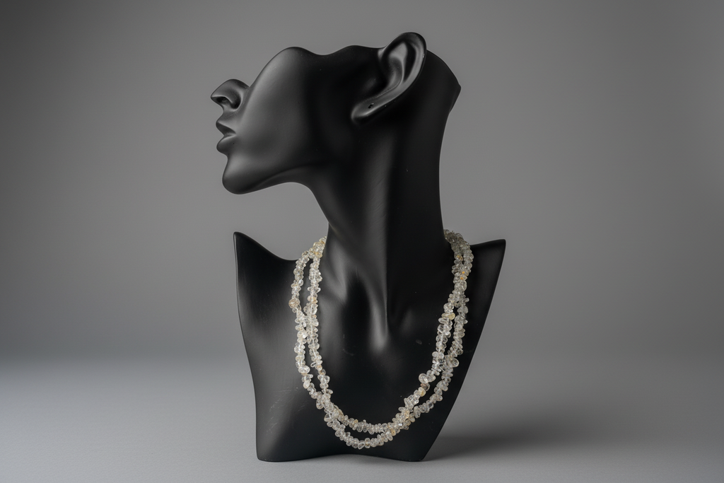 Topaz necklace on a black mannequin bust against a gray background