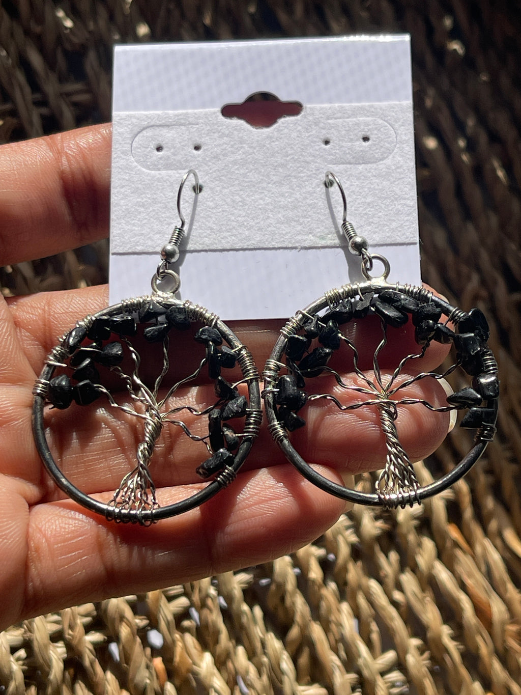 Tree of Life Circle Earrings Black Tourmaline in hand in Florida 