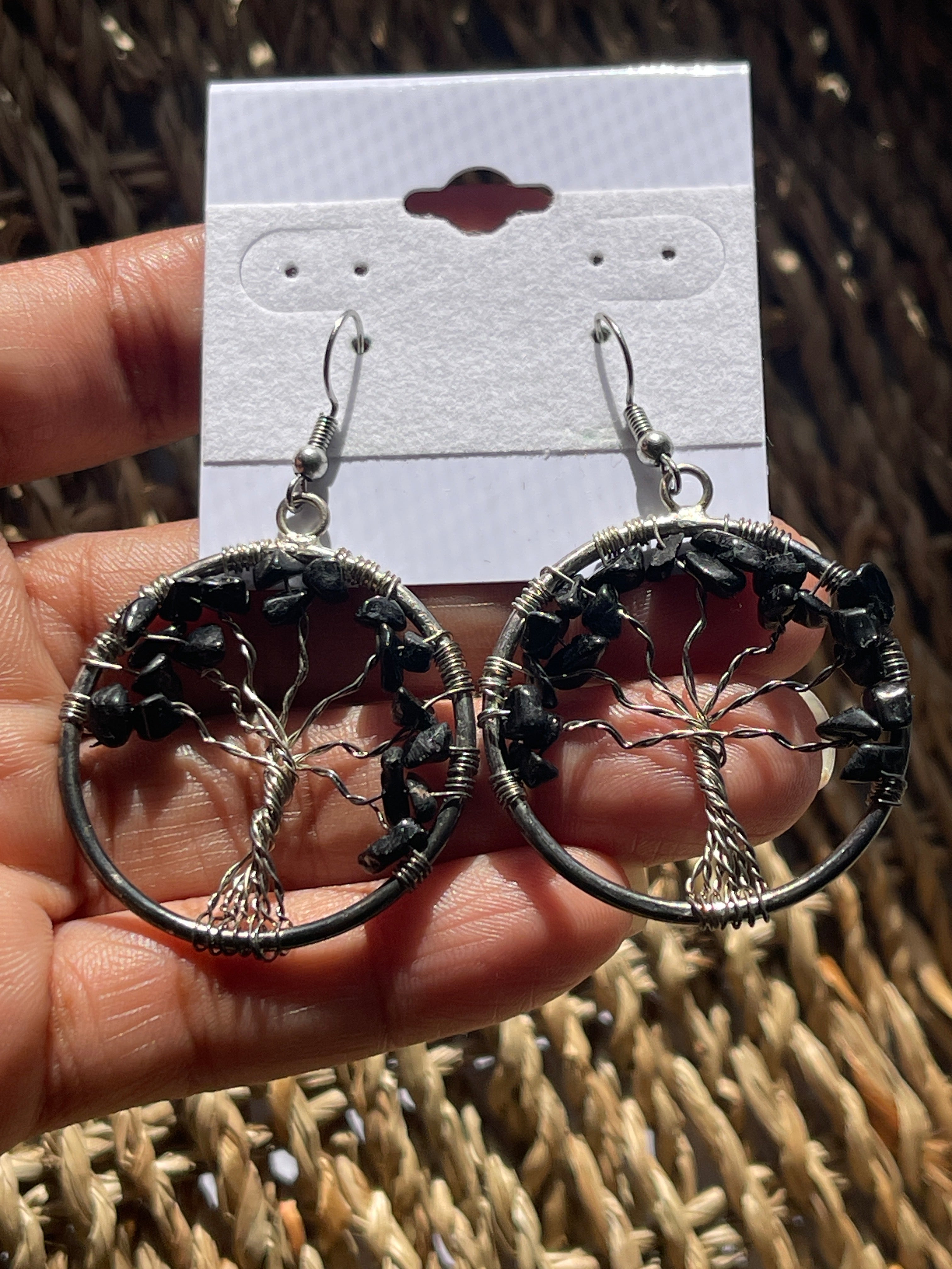 Tree of Life Circle Earrings Black Tourmaline in hand in Florida 