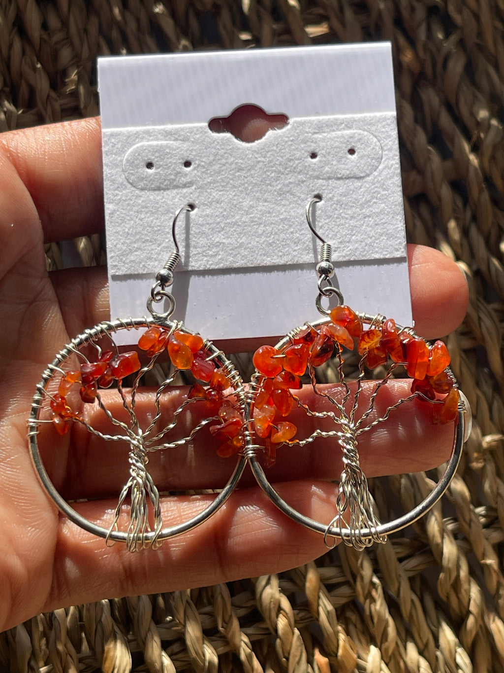 Tree of Life Circle Earrings Carnelian Agate in hand in Florida 
