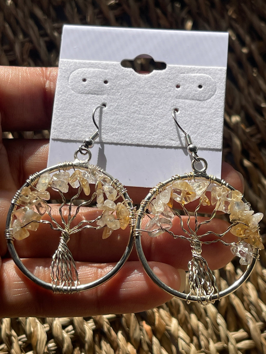 Tree of Life Circle Earrings Citrine in hand in Florida 