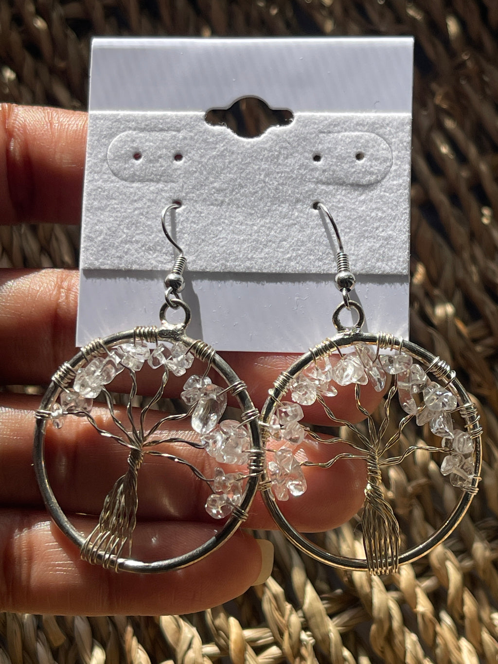 Tree of Life Circle Earrings Clear Quartz in hand in Florida 
