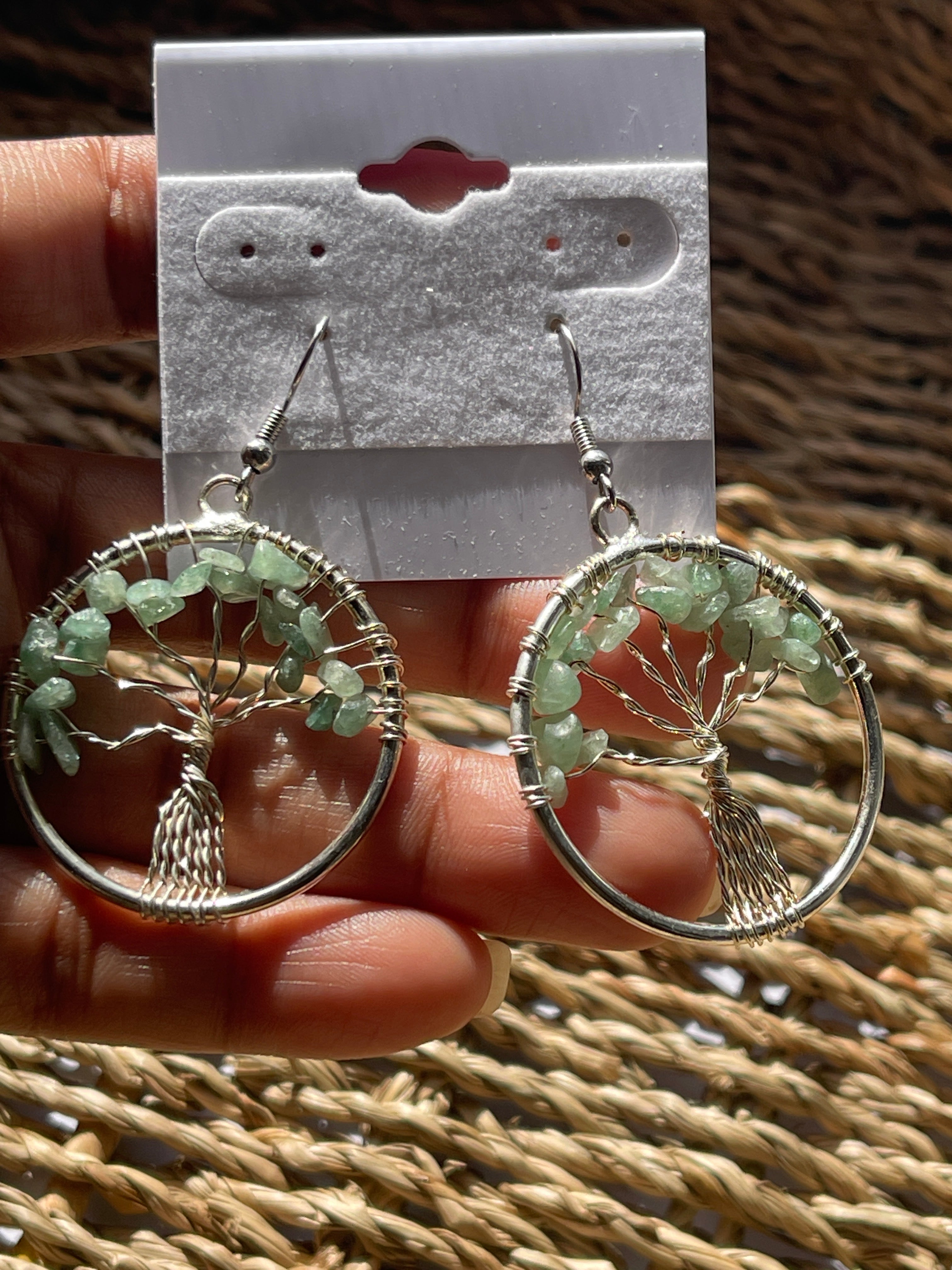 Tree of Life Circle Earrings Green Aventurine in hand in Florida 