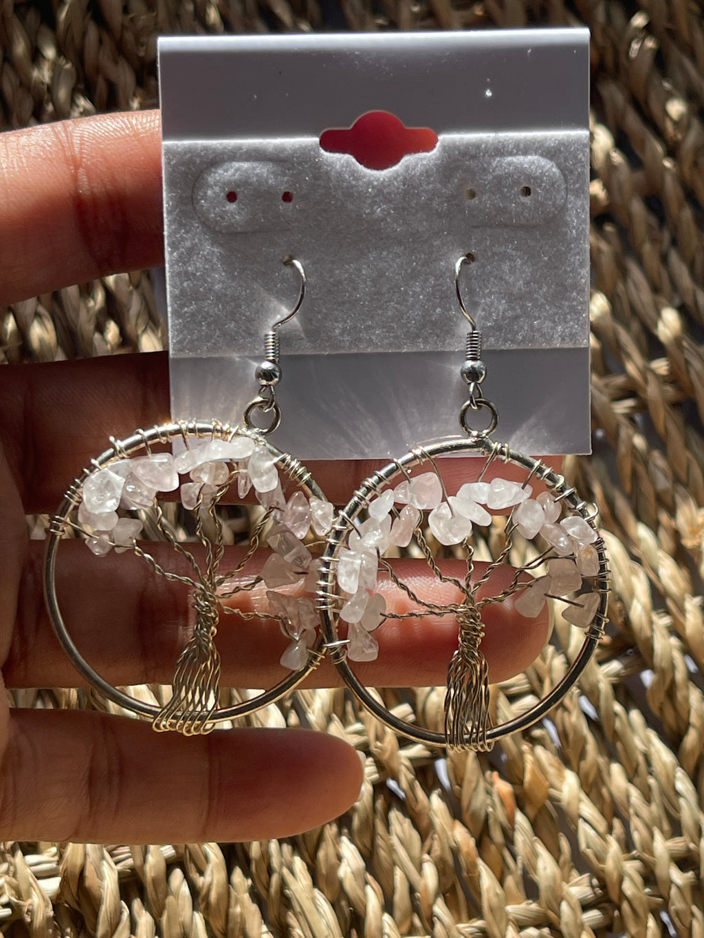 Tree of Life Circle Earrings Rose Quartz in hand in Florida 