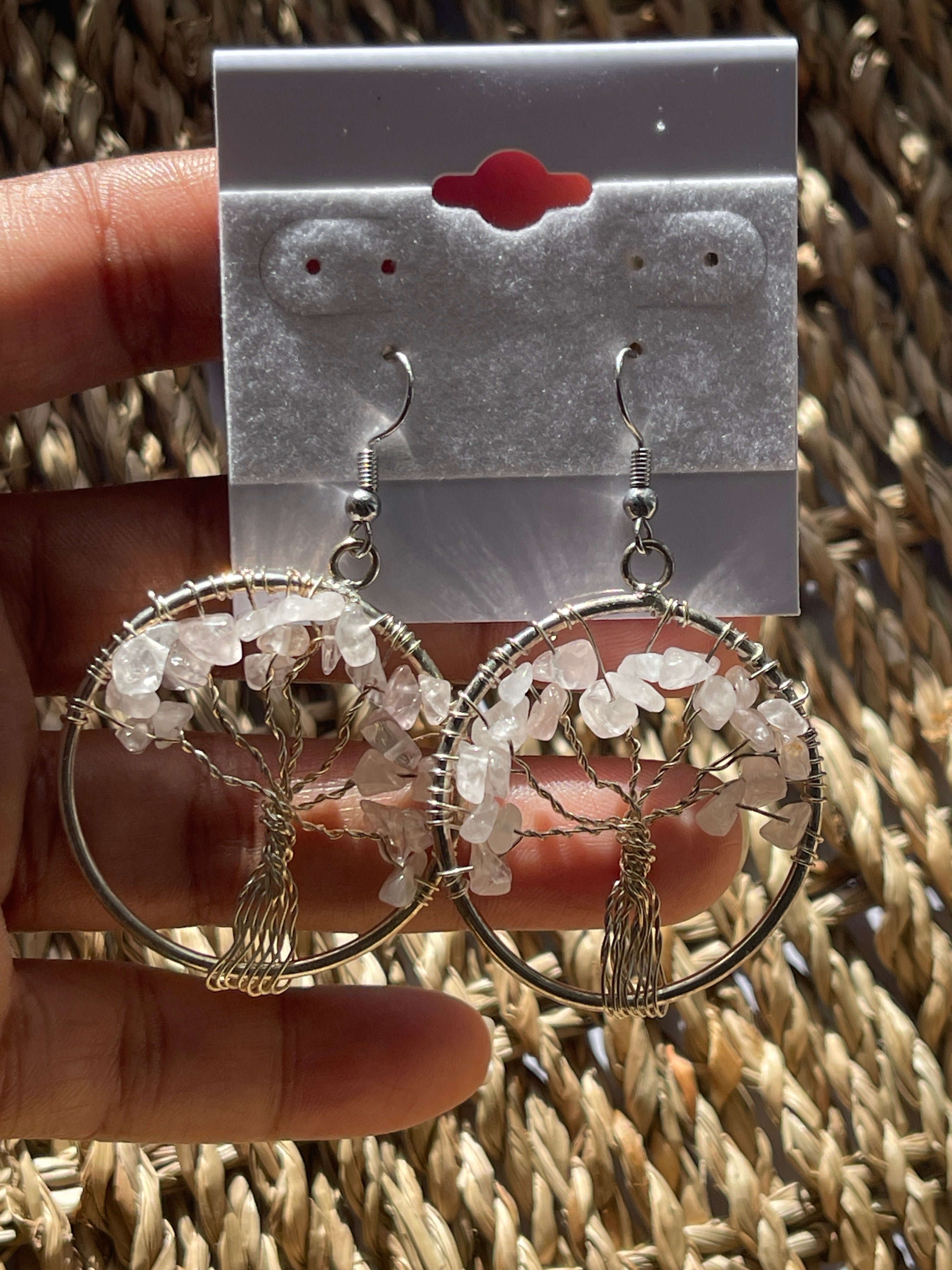 Tree of Life Circle Earrings Rose Quartz in hand in Florida 