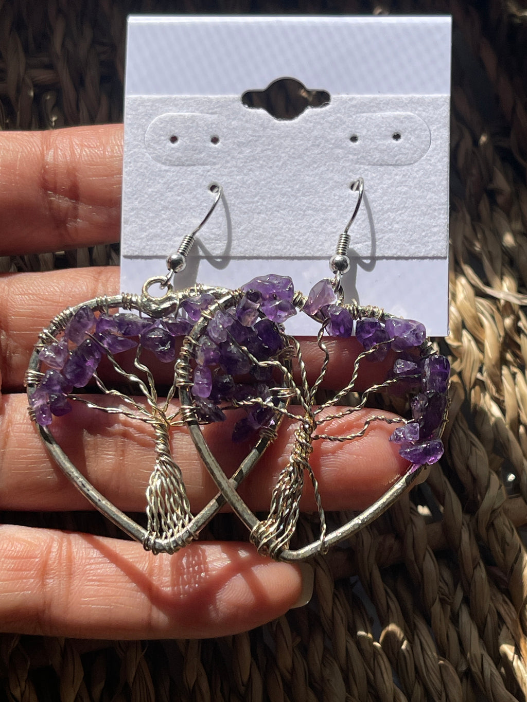 Tree of Life Heart Earrings at Pure Energy Crystals amethyst in hand