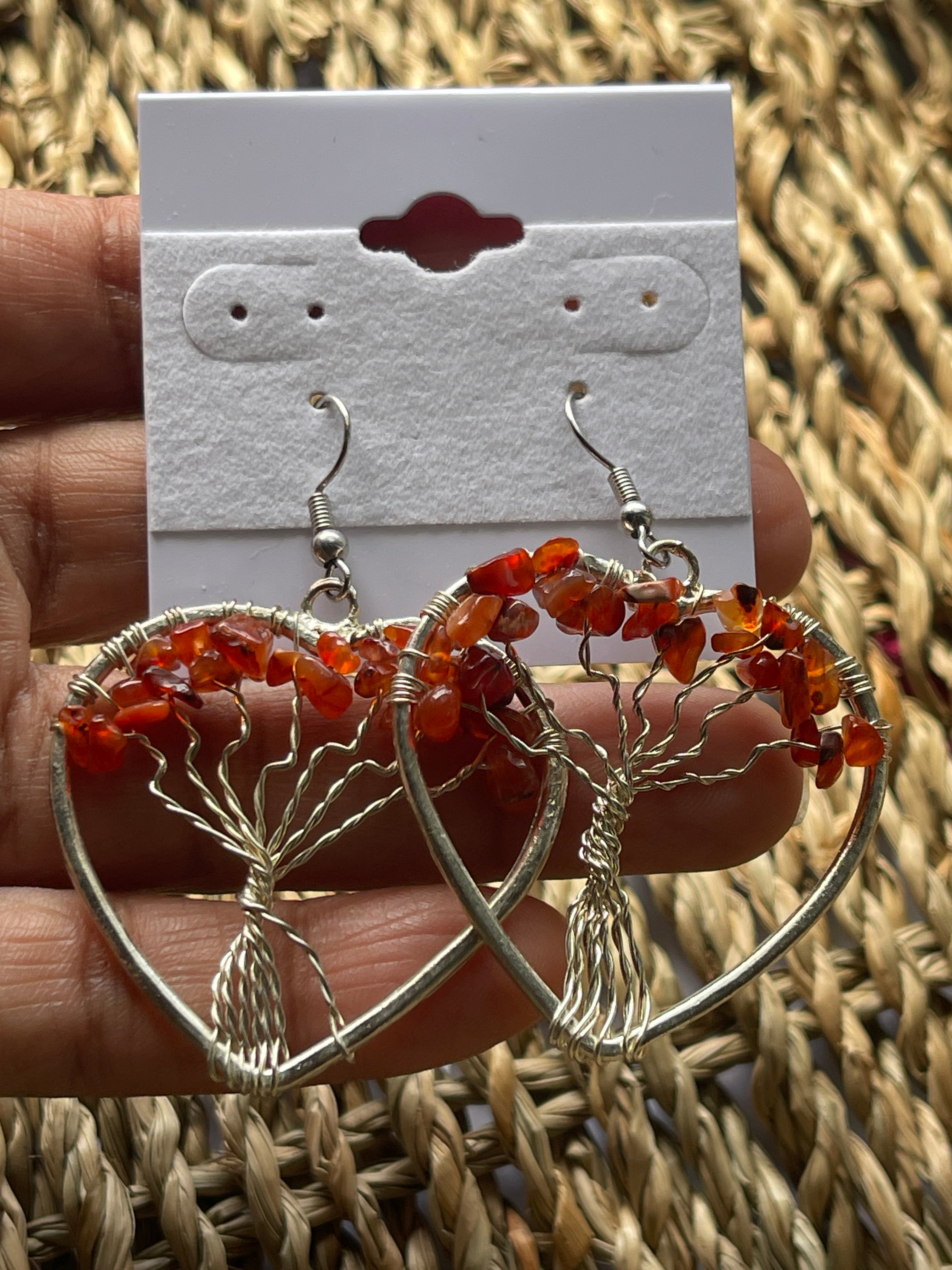 Tree of Life Heart Earrings at Pure Energy Crystals carnelian agate in hand 