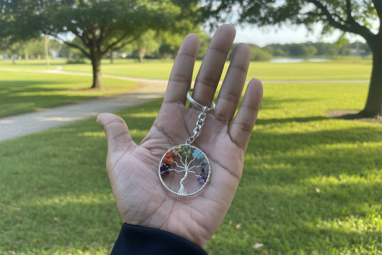 Hand holding a colorful tree of life keychain with a blurred natural park background