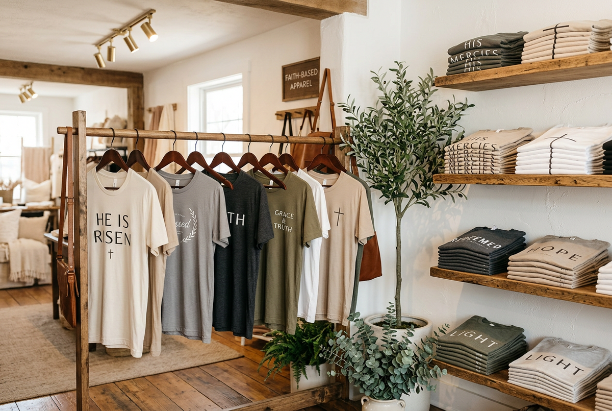 A boutique interior showing a clothing rack with several t-shirts and shelves stacked with folded shirts. Visible text on the shirts includes 'HE IS RISEN', 'TH', 'GOD IS LIGHT', and 'LOVE'.