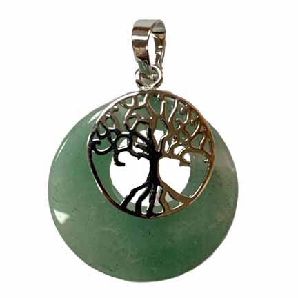 Green Aventurine Round with Tree of Life Pendant Approx 1 Inch Diameter