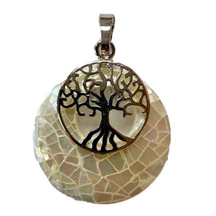 Mother of Pearl Round with Tree of Life Pendant Approx 1 Inch Diameter