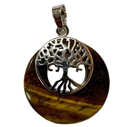 Tiger Eye Round with Tree of Life Pendant Approx 1 Inch Diameter