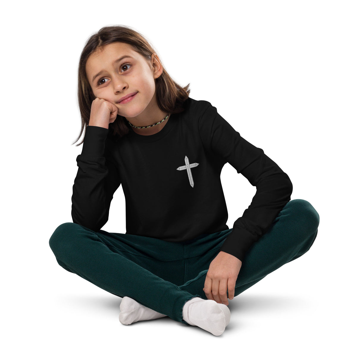 Cross Embroidered Youth Long Sleeve Tee