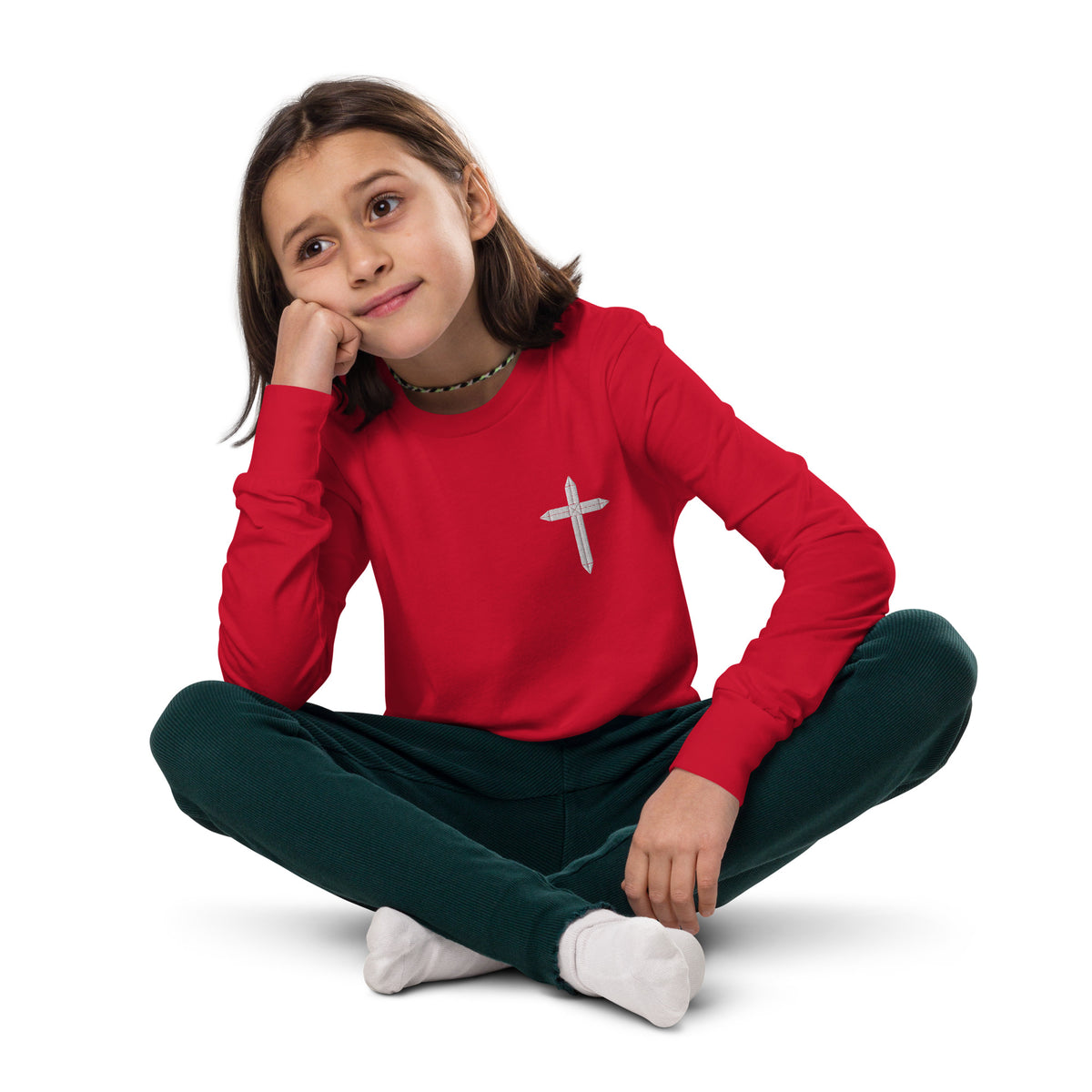 Cross Embroidered Youth Long Sleeve Tee